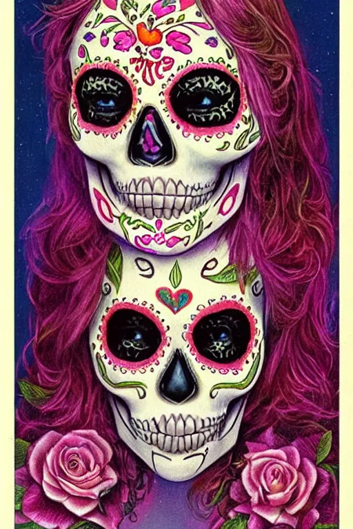Prompt: Illustration of a sugar skull day of the dead girl, art by Gilbert Williams