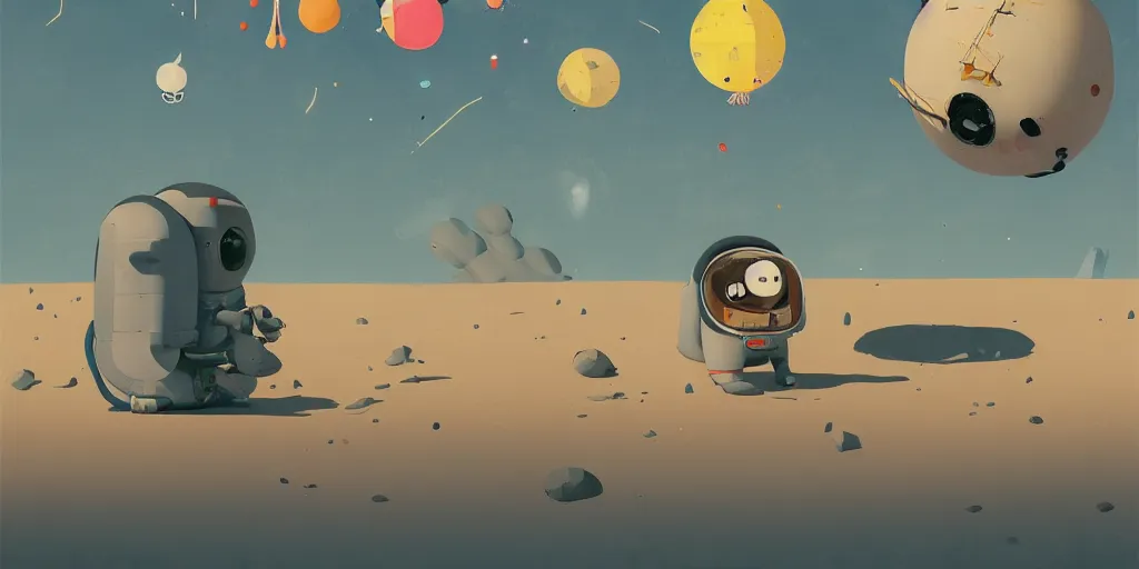 Prompt: cute cartoon cosmonaut landing on the moon by goro fujita and simon stalenhag and wes anderson and alex andreev and chiho aoshima and beeple and banksy and kandinsky and magritte and basquiat and picasso, 8 k, trending on artstation, hyper detailed, cinematic