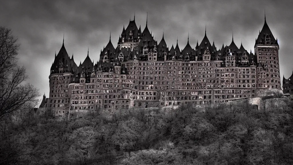 Prompt: brutaliste gigantic Quebec Chateau Frontenac Castle in the style of Scary Stories to tell in the Dark, rich deep vibrant colors, 8k