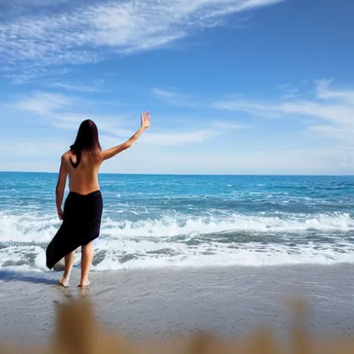 Image similar to woman with waving long hair, wading through ocean waves, back view, first person view