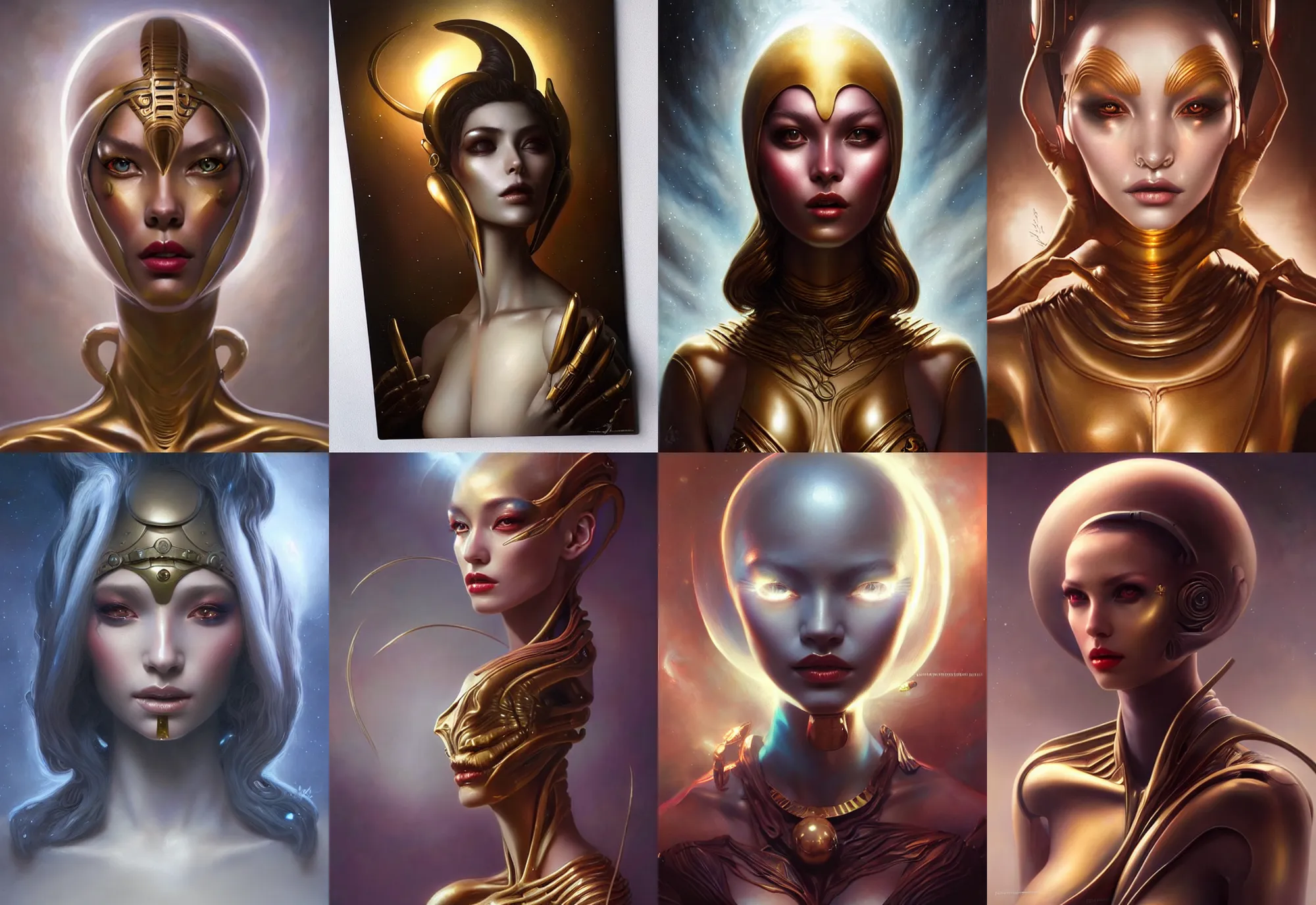 Prompt: a beautiful alien woman with brass skin, painted by artgerm and tom bagshaw, fantasy art, dramatic lighting, highly detailed oil painting