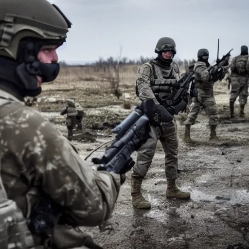 Image similar to Special Forces in grey uniform fighting in Ukraine 2022, photo by Adam Ferguson, Pulitzer Winning, cinematic composition, breathtaking, modern, 2022