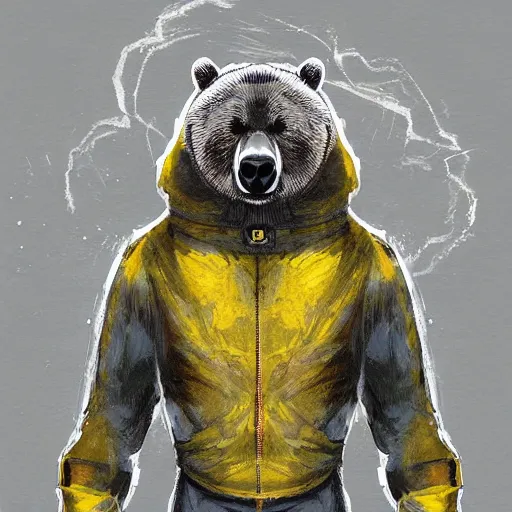 Image similar to portrait of full body bear beast-man wearing a hazmat suit, digital art, concept art, highly detailed, sharp focus