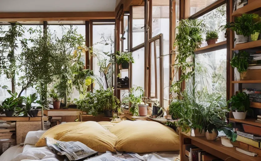 Image similar to interior desing magazine photo of a big window with a wooden frame to sit on, some sandy yellow pillows, there are some books on a small integrated shelf, hanging plants, great architecture, ambient light, 8k