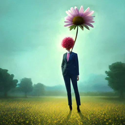 Image similar to large daisy flower head, frontal, girl in a suit, surreal photography, sunrise, dramatic light, impressionist painting, digital painting, artstation, simon stalenhag