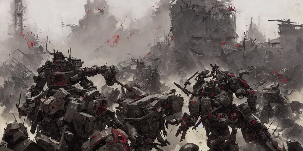 Prompt: french army and civilians are getting slaughtered by demonic samurai robot in the interbellum paris, very detailed painting, concept art, intense heavy street battle, pile of bodies, blood on the streets, art by greg rutkowski and jakub rozalski