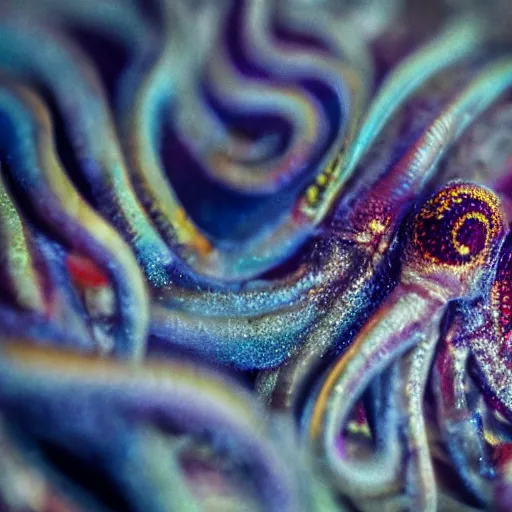 Image similar to fiery whimsical emotional eyes cephalopod, in a photorealistic macro photograph with shallow dof