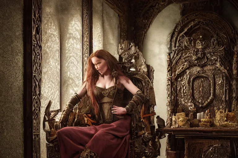 Image similar to the elder scrolls vi, charismatic regal brunette female jarl, portrait, rustic throne room, atmospheric lighting, painted, intricate, volumetric lighting, beautiful, daytime,, slight overcast weather, 4 0 0 0 k, sharp focus, deep colours, ultra detailed, by leesha hannigan, ross tran, thierry doizon, kai carpenter, ignacio fernandez rios