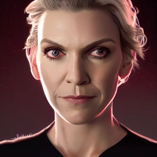 Prompt: portrait painting of rhea seehorn with red laser beams shooting out of her eyes, beautiful detailed face, ultra realistic, concept art, intricate details, serious, highly detailed, photorealistic, smooth, sharp focus, featured on artstation, 8 k