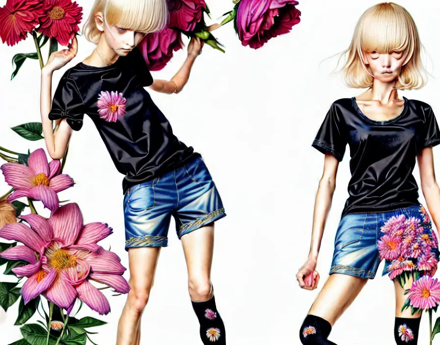 Image similar to richly detailed colored pencil 3D illustration of a beautiful French woman with short bleached blonde hair wearing a long Tshirt and black shorts that is sewing thread drawings of flowers into her thigh. mirrored background with completely rendered reflections, art by Range Murata and Artgerm.