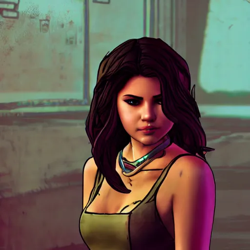 Image similar to selena gomez portrait, borderlands, tales from the borderlands, the wolf among us, comic, cinematic lighting, studio quality, 8 k