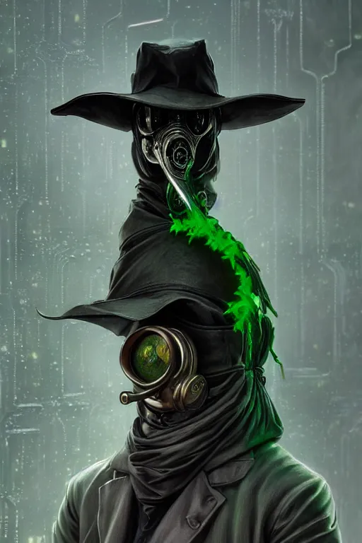 Image similar to wow! 3 / 4 stunning photorealistic portrait of a plague doctor with a green aura in a kowloon cyberpunk cityscape, biomechanical bodysuit, acid rain, dark fantasy by artgerm and sorayama and alphonse mucha, very realistic, hyperdetailed, trending on artstation, octane render