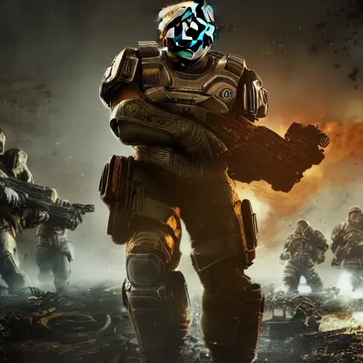 Image similar to Donald Trump as Masterchief in gears of war, splash art, movie still, cinematic lighting, dramatic, octane render, long lens, shallow depth of field, bokeh, anamorphic lens flare, 8k, hyper detailed, 35mm film grain