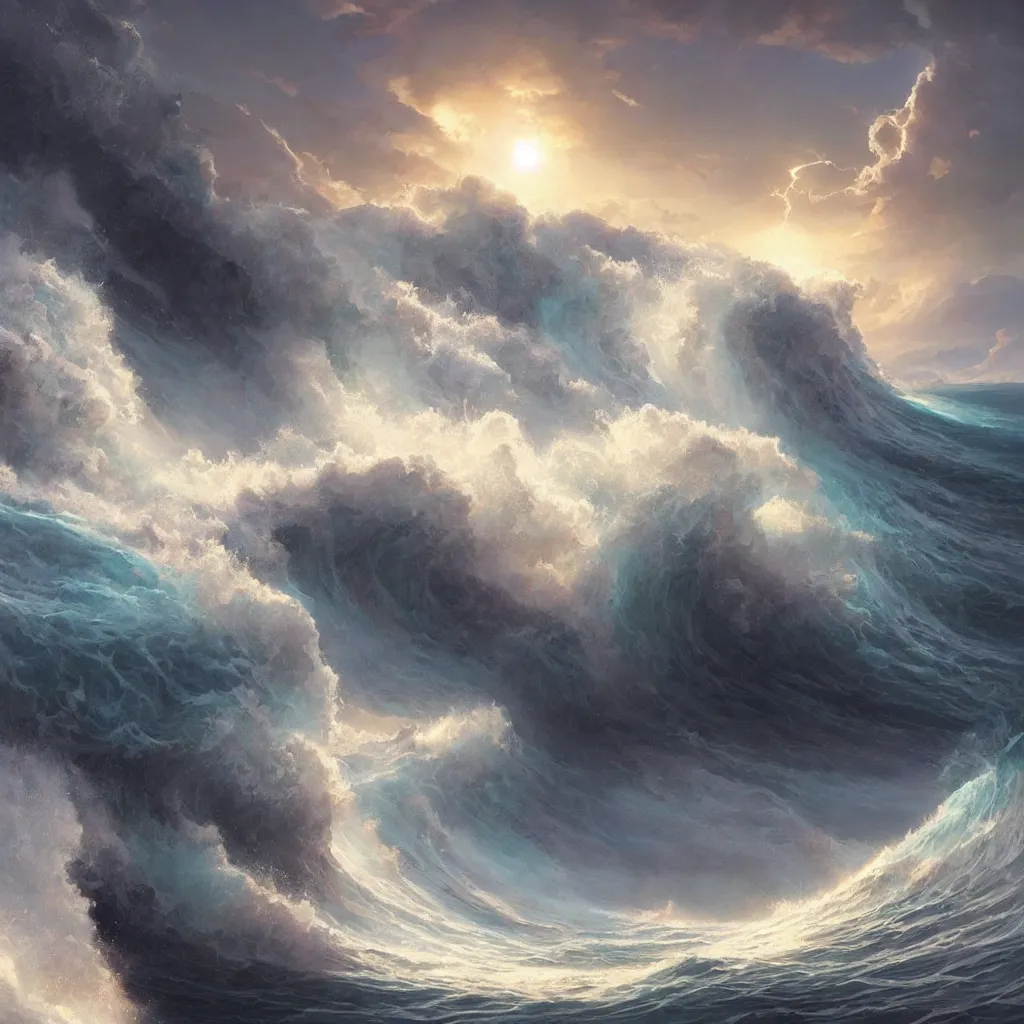 Image similar to a sending down [ of the revelation ] from him who created the earth and the lofty heavens, water wave, tornado, overdetailed art, by greg rutkowski, by rhads, sharp focus