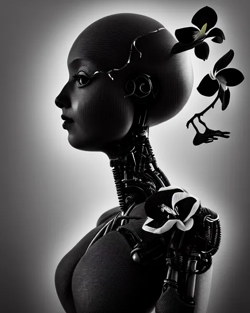 Image similar to surreal mythical dreamy dark artistic black and white fine art 3 / 4 portrait photo of a young delicate female robot - vegetal - human with orchid - owl face, rim light, cinematic, studio dramatic light, poetic, octane render, 8 k, photo - realistic