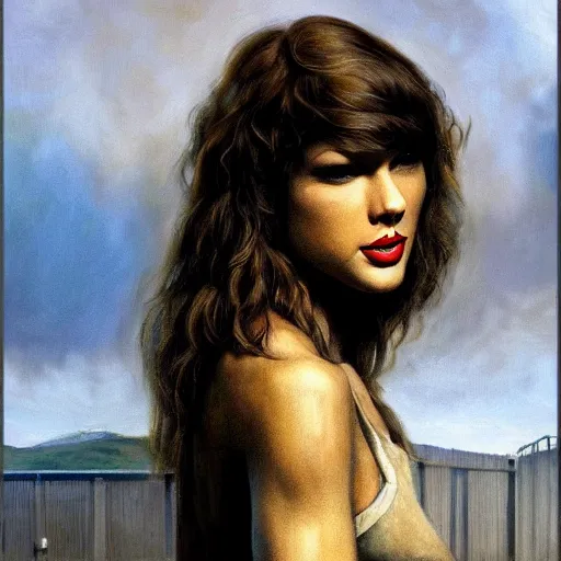 Image similar to ultra realistic portrait painting of taylor swift as a prison convict, art by frank frazetta, 4 k, ultra realistic, highly detailed, epic lighting.
