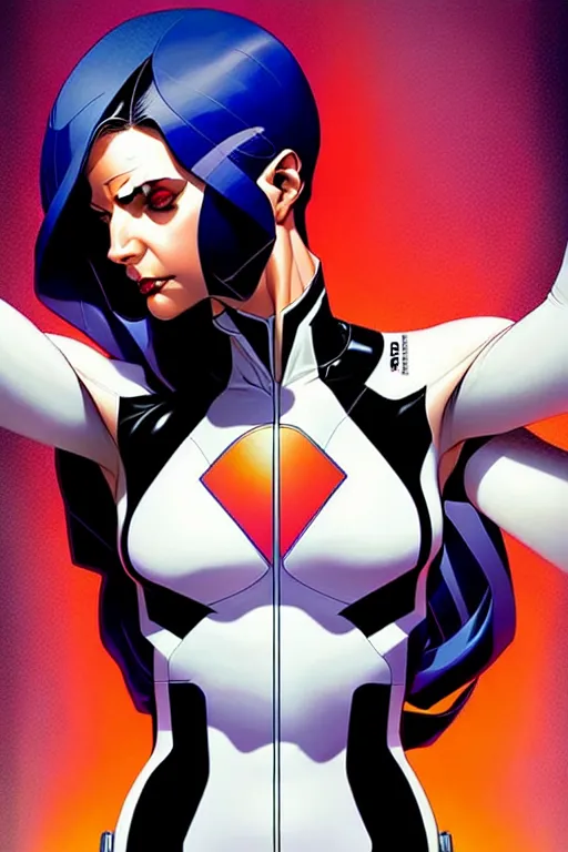 Prompt: artgerm, joshua middleton comic cover art, pretty domino marvel comics sarah michelle gellar entire full body, white skin, asymmetrical black spot covering left eye, no spot right eye, symmetrical eyes, symmetrical face