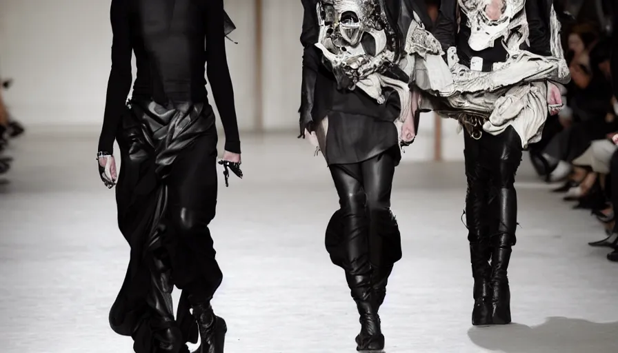 Image similar to alexander mcqueen in the style of rick owens, runway show, fashion photoshoot,