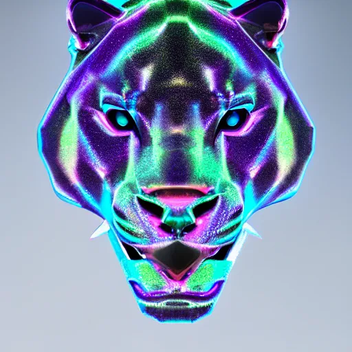 Prompt: face of multifaceted swarovski panther render, rainbow refraction, polished, highly reflective, porcelain, opal, quartz, diamond volumetric lighting, octane render, 8 k, photorealistic, ultra realistic