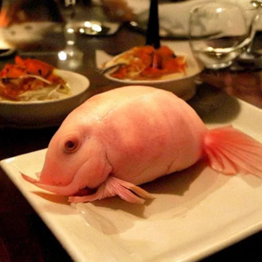 Image similar to blobfish served at a restaurant