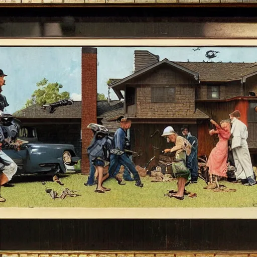 Prompt: A Norman Rockwell painting of a house being raided by a SWAT team, detailed, masterpiece