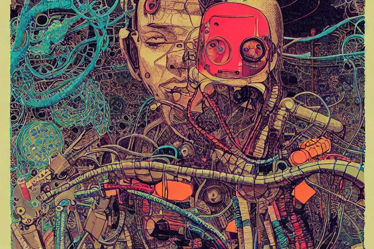 Image similar to risograph grainy drawing vintage sci - fi, satoshi kon color palette, arzach bird covered with robot parts and wires, wearing futuristic layered scaphander with lot tentacles, insects and dragonflies around, painting by moebius and satoshi kon and dirk dzimirsky close - up portrait
