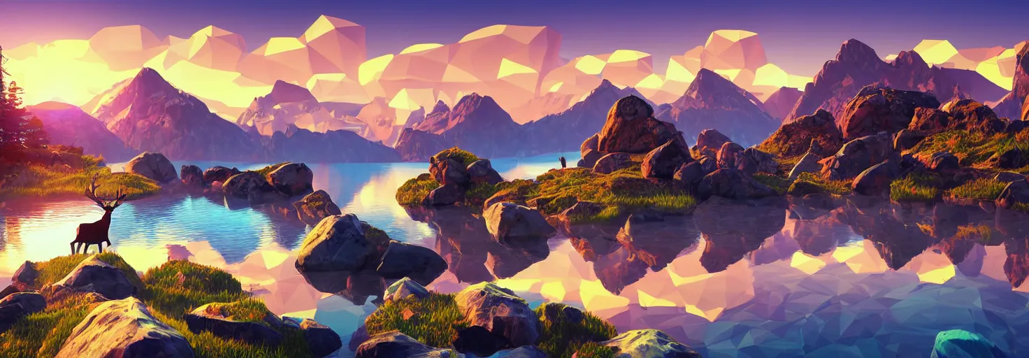 Image similar to super detailed color lowpoly art, northern sunset with rocks on front, lake in the middle of perspective and mountains at background, graphic reindeers in random points, unreal engine, retrowave color palette, 3d render, lowpoly, colorful, digital art