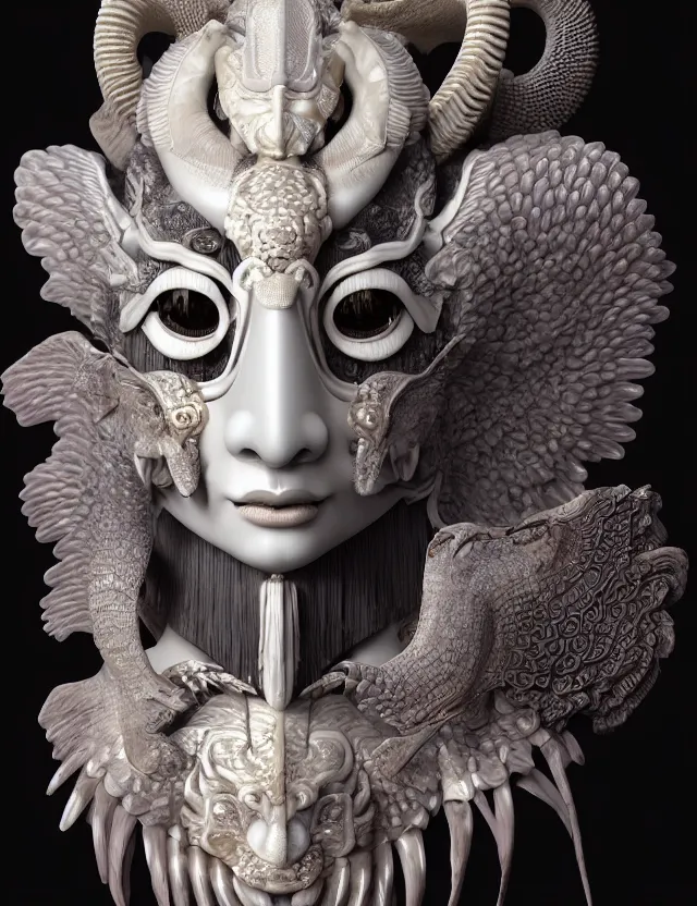 Image similar to 3 d goddess close - up 3 / 4 portrait with ram skull. beautiful intricately detailed japanese crow kitsune mask and clasical japanese kimono. betta fish, jellyfish phoenix, bio luminescent, plasma, ice, water, wind, creature, artwork by tooth wu and wlop and beeple and greg rutkowski