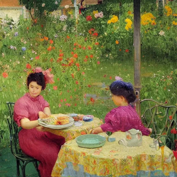 Image similar to a housewife and her daughter putting dishes on a table in the backyard, a tilted parasol sits above the table, a garden with colorful flowers in the background, rainy scene, cozy 1 9 5 0's, medium symmetry, by ilya repin, extreme detail, attention to detail, 8 k, intricate abstract, photorealistic