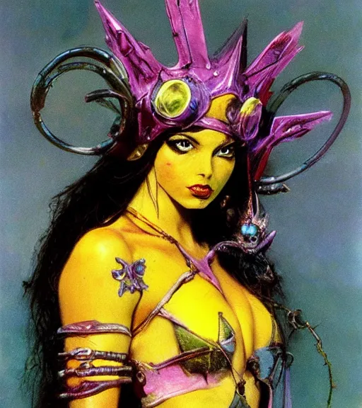 Image similar to princess of the wasteland, scrap metal headdress, strong line, vivid neon color, yellow purple, beautiful! coherent! by brian froud, by frank frazetta, low angle