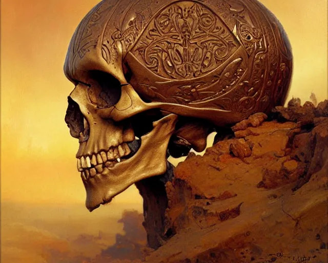 Image similar to a human skull with intricate carvings. highly detailed painting by gaston bussiere, craig mullins, j. c. leyendecker 8 k