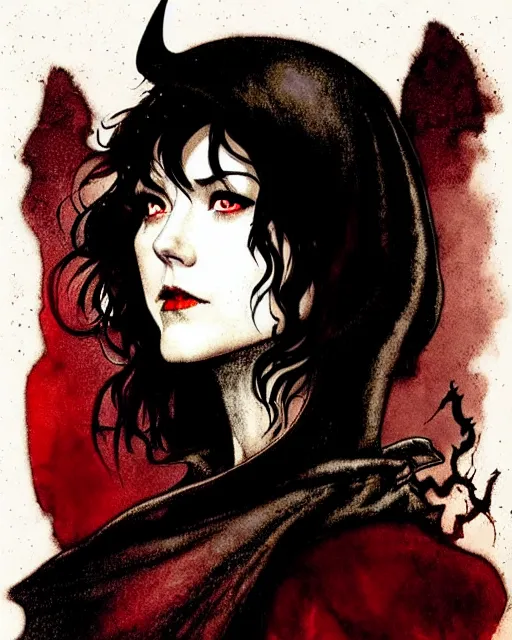 Image similar to style of arthur rackham, artgerm, rafael albuquerque, steve niles : : gorgeous mary elizabeth winstead : : evil sorceress, swirling black magic, black dress : : symmetrical face, symmetrical eyes : : full body pose : : gorgeous red hair : : cinematic lighting : :