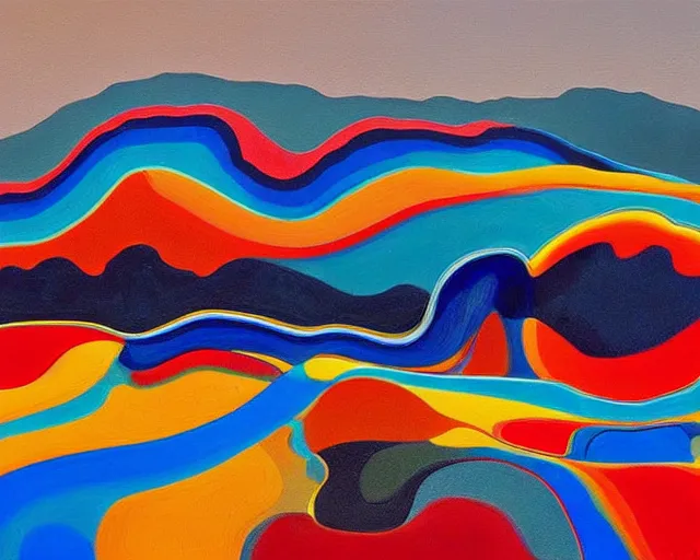 Prompt: A wild, insane, modernist landscape painting. Wild energy patterns rippling in all directions. Curves, organic, zig-zags. Saturated color. Mountains. Clouds. Rushing water. Wayne Thiebaud. Lisa Yuskavage landscape.