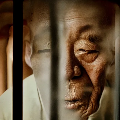 Image similar to a portrait of very very very old justin sun in futuristic prison looking through the bars of his cell, by annie leibovitz, shallow depth of field, cinematic lighting