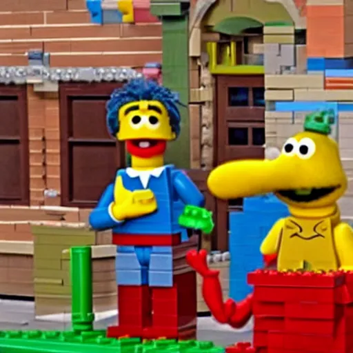 Image similar to Still from Sesame Street episode where Bert and Ernie build a Lego set