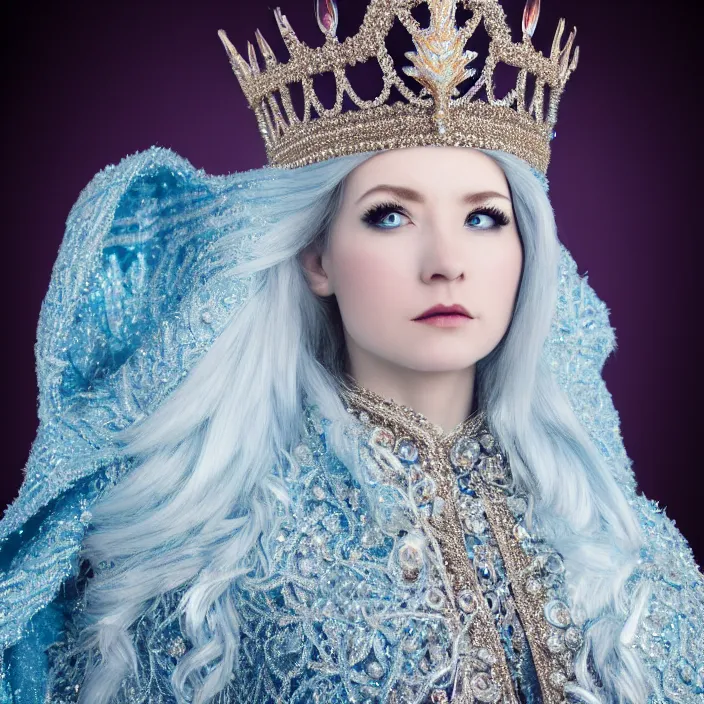 Prompt: full length portrait photograph of a real-life beautifulice queen with intricate cloak and crown, Extremely detailed. 8k