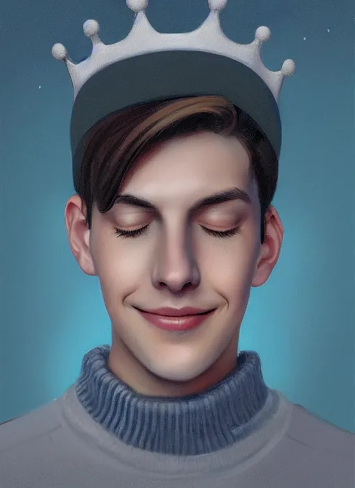 Image similar to portrait of teenage jughead jones wearing a light grey crown, crown, blue turtleneck, closed eyes, eyes closed, smile, crown, black hair, intricate, elegant, glowing lights, warm lighting, highly detailed, digital painting, artstation, concept art, smooth, sharp focus, illustration, art by wlop, mars ravelo and greg rutkowski