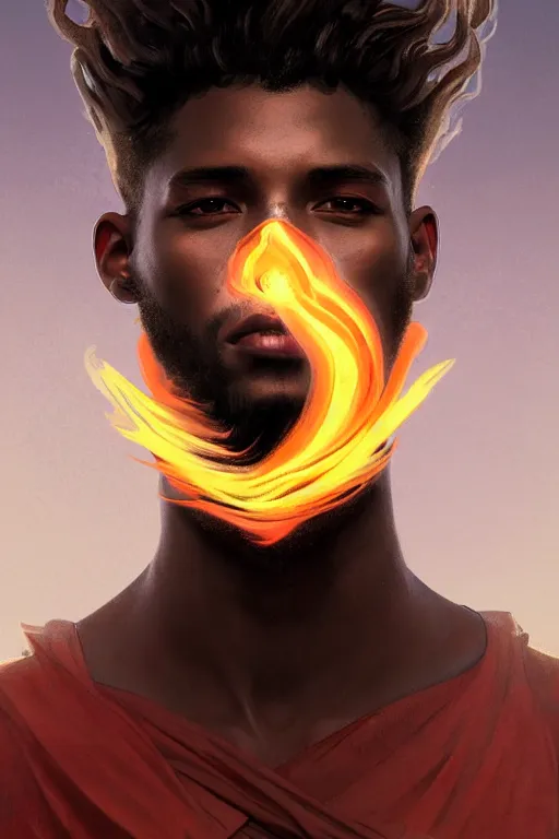Prompt: portrait of a beautiful young fit male spirit with fire hairs and coal black skin, fire halo, by greg rutkowski and alphonse mucha, d & d character, gradient red to yellow, in front of a desert background, highly detailed portrait, digital painting, artstation, concept art, smooth, sharp focus ilustration, artstation hq