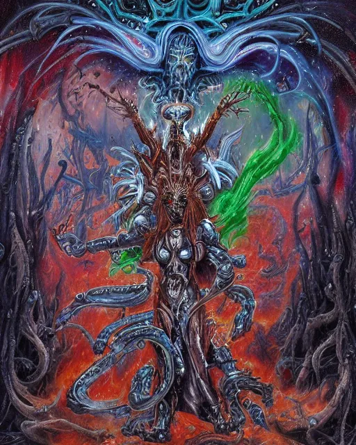 Image similar to silver mechanical charred bloody fleshmetal obliterator cyborg daemonhost woman wearing robes, psychedelic flamer of tzeentch with extra arms gunner, blue and green rainbow fire, by antonio j. manzanedo, alex grey, android jones, wayne barlowe, philippe druillet, josephine wall, harumi hironaka, cronenburg, pixabay