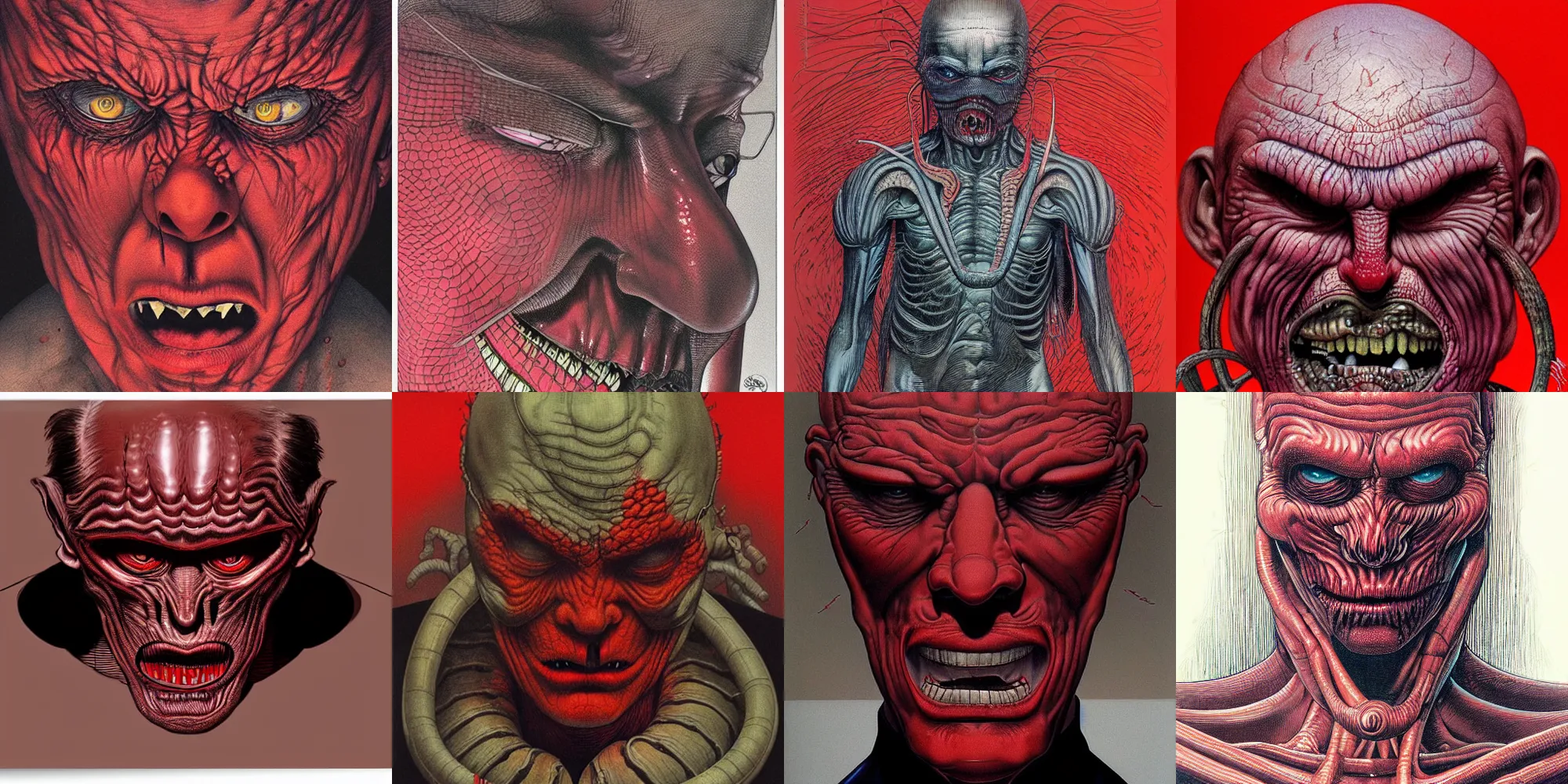 Prompt: hyper realistic and detailed man with a red face menacing and scary by Giger and moebius