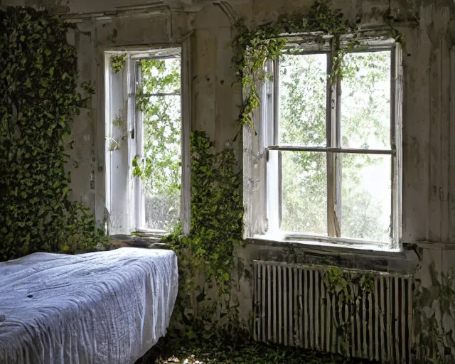 Prompt: Abandoned Bedroom, window overgrown with florid ivy, radiant morning light, by james gurney