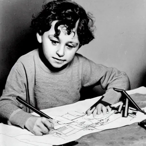 Prompt: Young Child Albert Einstein making a crayon drawing of plans for atomic bomb