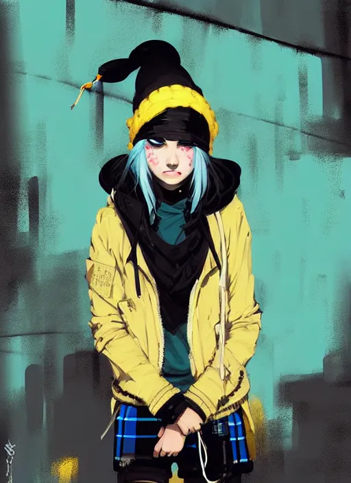 Image similar to highly detailed portrait of a sewer punk lady student, blue eyes, tartan hoody, hat, white hair by atey ghailan, by greg rutkowski, by greg tocchini, by james gilleard, by kaethe butcher, gradient yellow, black, brown and cyan color scheme, grunge aesthetic!!! ( ( graffiti tag wall ) )