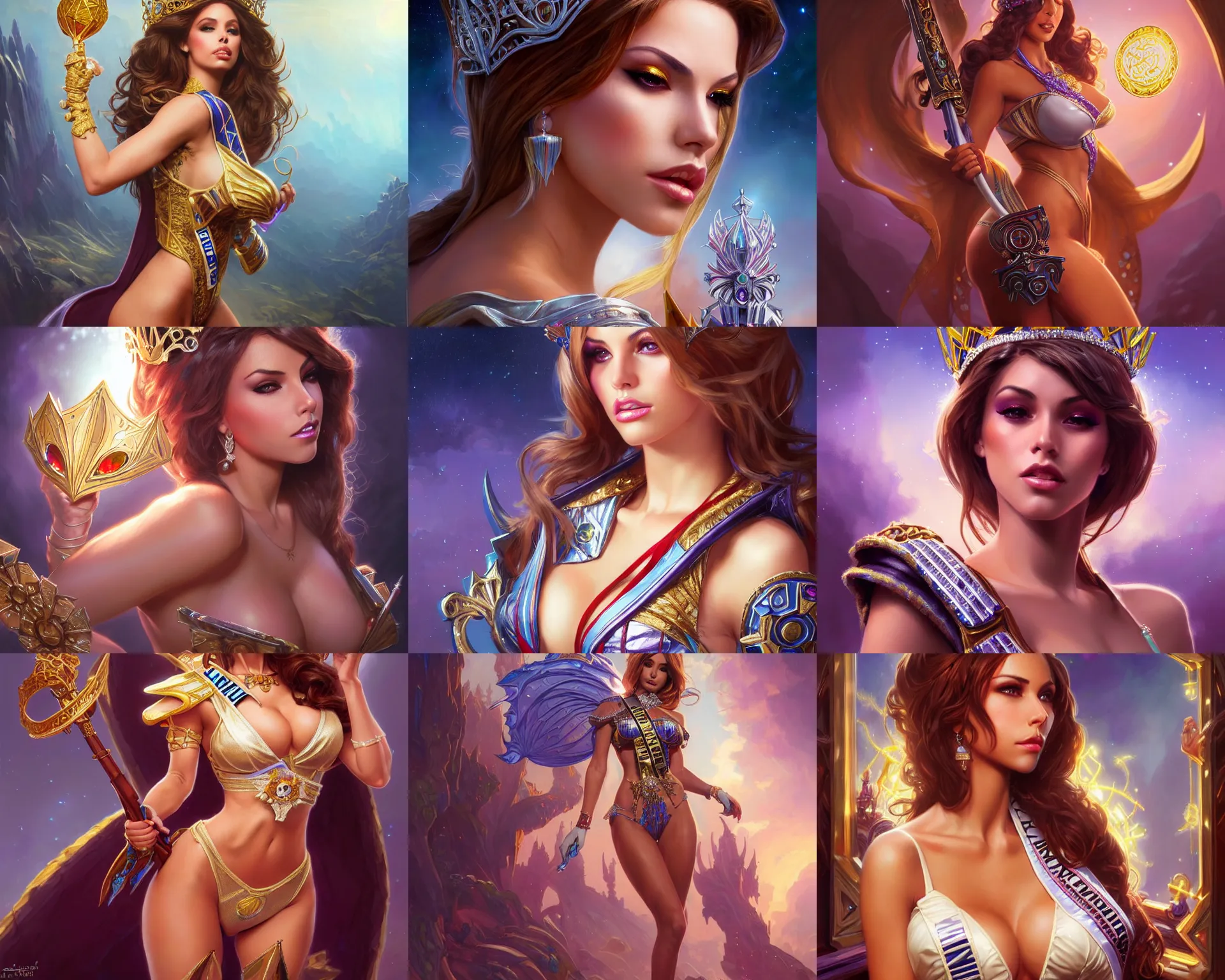 Prompt: liz katz as miss universe, 8 k, deep focus, d & d, fantasy, intricate, elegant, highly detailed, digital painting, artstation, concept art, matte, sharp focus, illustration, hearthstone, art by artgerm and greg rutkowski and alphonse mucha