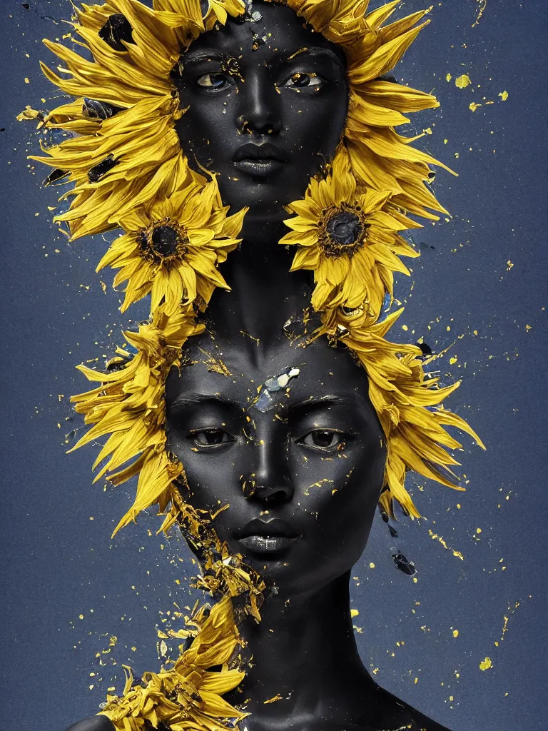 Image similar to symmetrical painting of a fractured dark obsidian greek statue of asian female beauty, yellow gemstones spikes, crystallic sunflowers, lightblue dripping acrylic paint and black tar, repaired with magenta kintsugi, rendered in octane trending on cgsociety. extremely detailed and intricate art, corruption, sleek