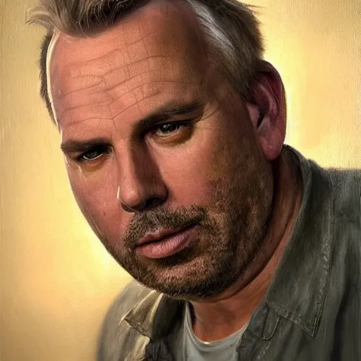 Image similar to hyperrealistic mixed media high resolution painting of morbidly obese Kevin Costner, stunning 3d render inspired art by István Sándorfi and Greg Rutkowski and Unreal Engine, perfect facial symmetry, dim volumetric lighting, 8k octane beautifully detailed render, full body shot, post-processing, extremely hyper-detailed, intricate, epic composition, highly detailed attributes, highly detailed atmosphere, cinematic lighting, masterpiece, trending on artstation, very very detailed, masterpiece, stunning, flawless structure, lifelike texture, perfection,