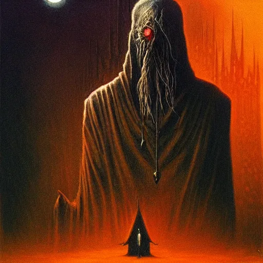 Image similar to Harry Potter in style of Beksinski, eldritch priest, mage