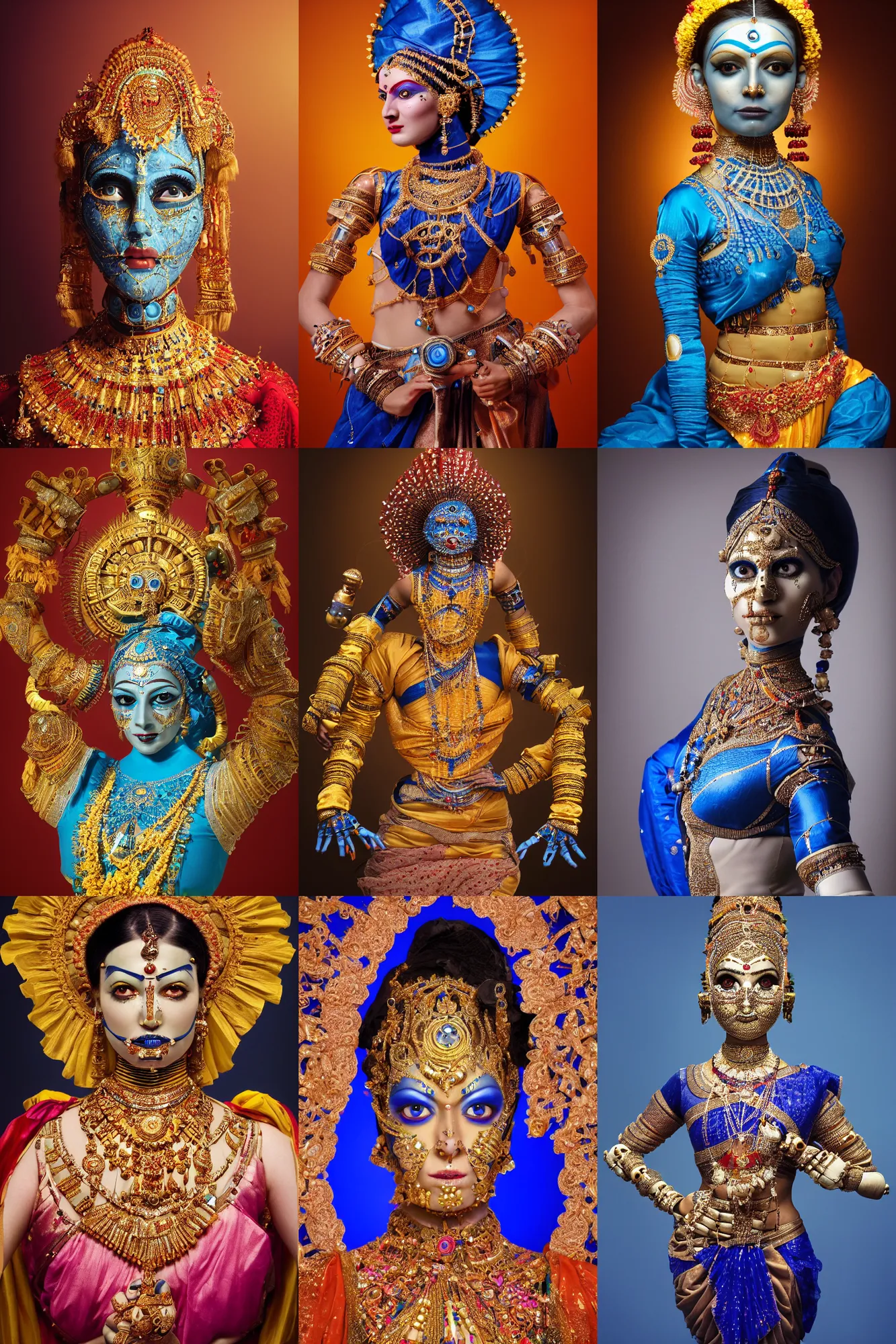 Prompt: a beautiful ultradetailed fine art portrait of a simple elegant gigeresque autonomous robot dressed as an indian classical dancer, by natalie shau and zach sutton, portrait, 3 5 mm lens, golden ratio composition, detailed face, blue skin, biomechanical futuristic robot, studio lighting, very detailed, dressed in colorful silk, artstation, 8 k, highly coherent