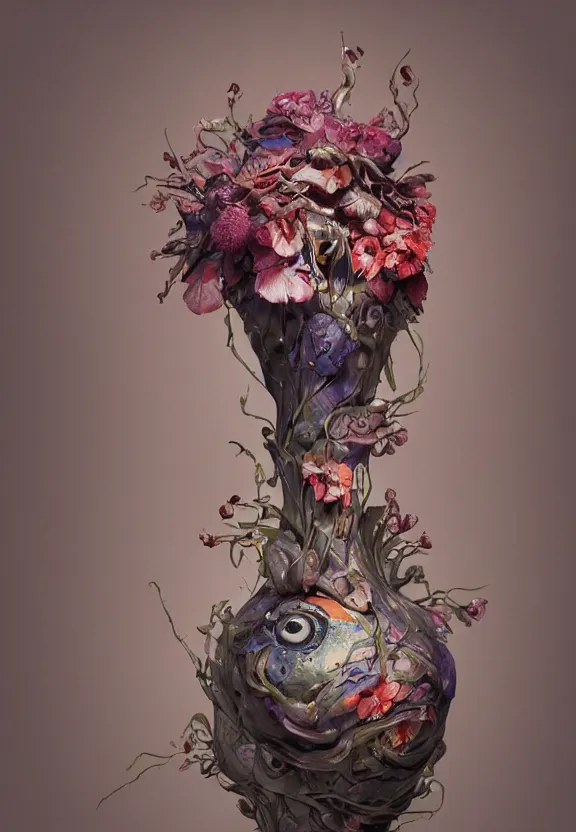 Image similar to biomorphic painting of a vase with flowers and eyeballs, au naturel, hyper detailed, melting plastic, trending in artstation, cinematic lighting, studio quality, smooth render, unreal engine 5 rendered, octane rendered, art style by dorothea tanning and marco mazzoni and ian sprigger and wlop and krenz cushart