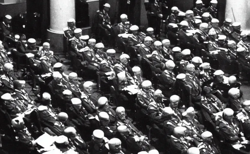 Image similar to 50s movie still of very diverse one general one officers one marshal with very detailed faces in a stalinist parlement, by Alexei Guerman, Cinestill 800t 35mm black and white, heavy grainy picture, very detailed, high quality, 4k, HD criterion, precise texture, diverse faces, diverse haircuts, diverse ages, each faces precisely define